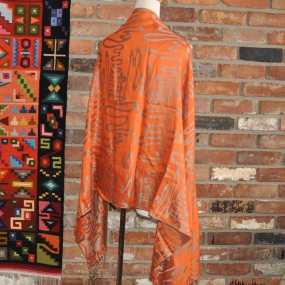 100% Cashmere Orange & Taupe Wavy Design Wrap Shawl New Without Tag - Picture 7 of 8